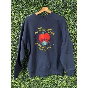 vtg 90s TEACHER APPLE WORLD Crewneck Large // vintage Navy blue sweatshirt